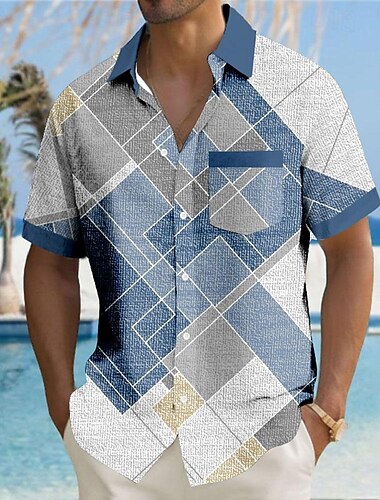  Men's Geometric Geometric Pattern Button Up Shirt Printed Shirts Short Sleeve Hawaiian Resort Outdoor Business / Ceremony / Wedding Summer Turndown Print Button-Down Blue Khaki Gray