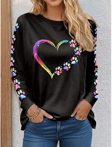  Damen T-Shirt lässig Herz-Print Kurzarm normale Oberteile Rundhals täglich schwarz Frühling Herbst