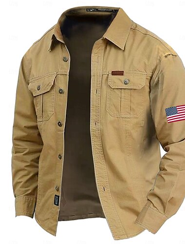  Herren Amerikanische US-Flagge Hemd Westernhemd Cargo-Shirt Langarm Brautkleider schlicht Taktisch Sport & Natur Ausgehen Winter Frühling & Herbst Umlegekragen Bedruckt Armeegrün Blau Khaki