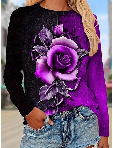  Damen T Shirt Pflanzen Lässig Langarm Rundhals Normale Oberteile Täglich Druck Grau / Rot Schwarz Rosa Blau Purpur Frühling Herbst