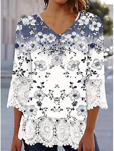  Damen Elegante Spitzen Tops Ösen Bluse Lässig Ombre Floral Spitze Knopf 3/4 Länge Ärmel Reguläre Tops V-Ausschnitt Täglich Romantische Petite Tops Sommer Urlaub Tragen Schwarz Rosa Blau Grün Frühling