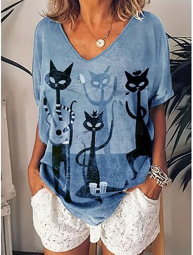  Damen T-Shirt Casual Print Kurzarm Normal Oberteile V-Ausschnitt Alltag Rot Blau Grün Sommer