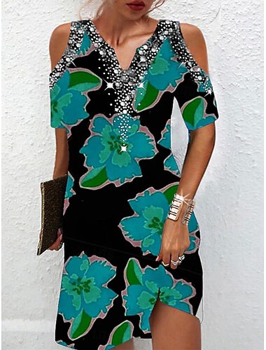  Mujer Mini vestido Vestido elegante Formal Fiesta Cita Ajuste regular Floral Escote en Pico Azul Piscina Morado Naranja Verde Trébol Verano