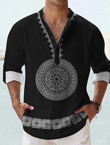  Herren Hemd leinenhemd Knopfhemd Langarm Stamm Modisch lässig Urlaub Normal Casual Sommer Frühling & Herbst Ständer Knopf Bedruckt Schwarz Khaki Beige
