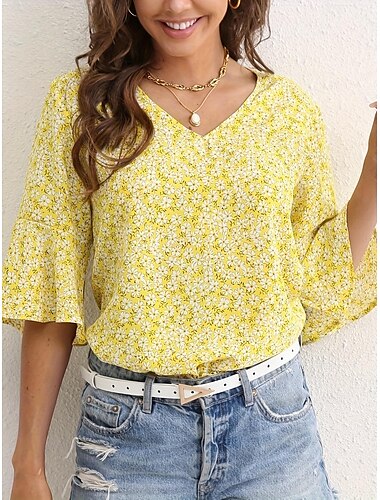  Damen Hemd Bluse Elegante Oberteile Blumen Brautkleider schlicht 3/4 Ärmel Eine Glocke V Ausschnitt Normale Oberteile Urlaub Täglich Bedruckt Gelb Blau Grün Frühling Sommer
