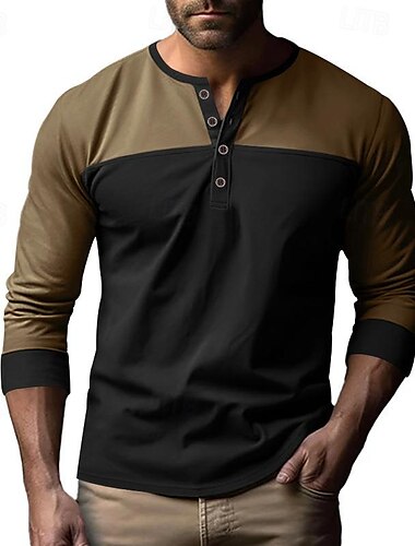 Homens Camiseta Botão Camiseta Camisa Henley Camisetas Manga Longa Henley Primavera & Outono Bloco de cor Moda Designer Básico Patchwork Férias Rua Para Noite Preto Marron Verde Tropa Top Tee para