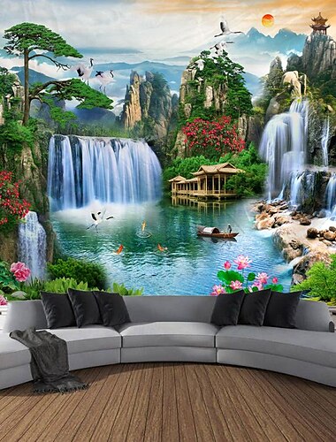  Chinees landschap schilderij hangend tapijt kunst aan de muur groot tapijt muurschildering decor foto achtergrond deken gordijn thuis slaapkamer woonkamer decoratie