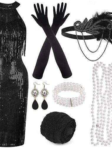  Goldene Zwanziger 1920er Cocktailkleid Flapper Kleid Kleid Outfits Der große Gatsby Charleston Hochzeitsgast Pailletten Quastenfransen Feder Damen Neujahr Maskerade Halloween Party / Abend
