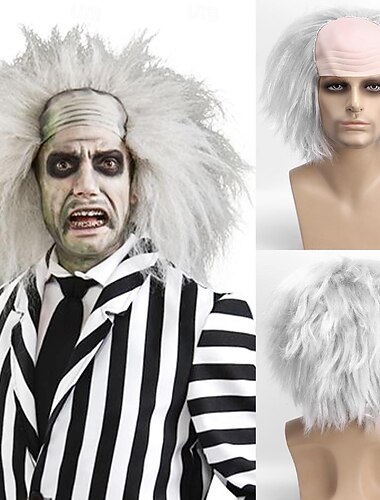  Men's Beetlejuice 2 Cosplay Short Fluffy Wavy Clown Bald Wig Carnival Party Costume wigs Adult Halloween Wigs