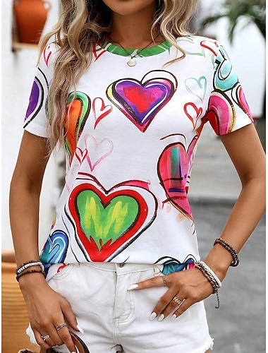 Damen T Shirt Herz Farbverläufe Modisch Brautkleider schlicht Kurzarm Rundhalsausschnitt Normale Oberteile Täglich Bedruckt Schwarz Weiß Regenbogen Sommer