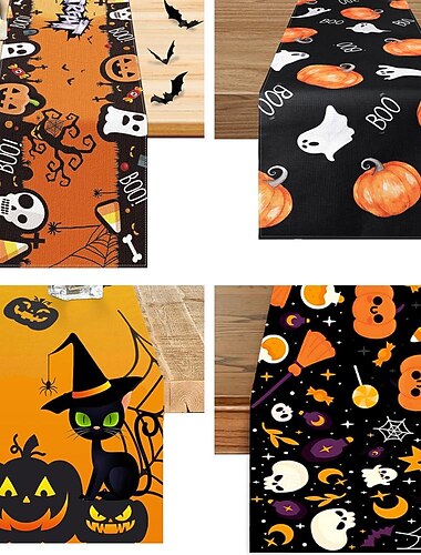  Halloween-Tischläufer aus Leinen mit schwarzer Katze und Kürbisgeist-Aufdruck, festliche Party-Esstischdekoration, Teefahnen