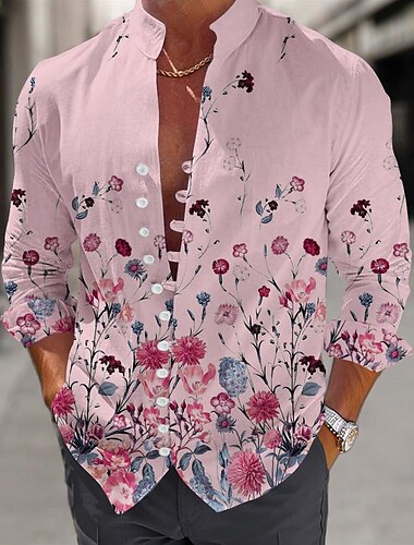  Herren Blumen Hemd Knopfhemd Langarm Brautkleider schlicht Strand Design Täglich Strandbekleidung Sommer Frühling Herbst Mandarinkragen Stehkragen Knopf hoch 3D-Druck Rosa Blau Beige