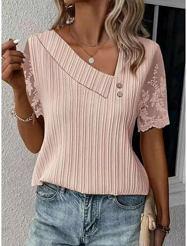  Damen Weiß Elegante Spitze Tops Augenschlitze Bluse Festliche Tops Spitzenknöpfe Kurzarm Asymmetrisch Alltag Romantische Petite Tops Sommer Urlaubsbekleidung Weiß Rosa Blau Halbformal Blusen
