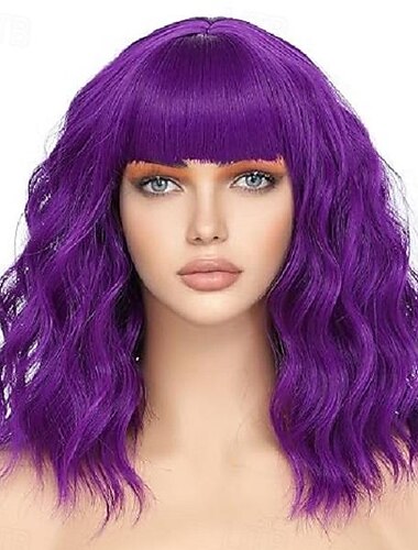  Perruque bob avec frange courte perruque ondulée rose pour femmes perruque synthétique de longueur moyenne cosplay frange amusante perruques colorées pour fêtes (rose 12 pouces) perruques d'Halloween