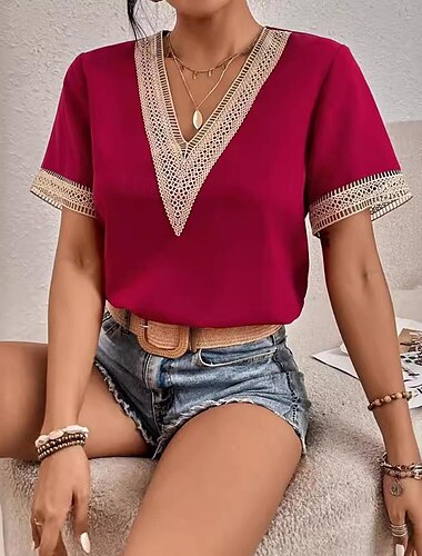  Wohnende elegante Spitzenoberteile Augenbluse Spitzenarbeit stilvolle moderne Kurzarm romantische kleine Oberteile Sommerferienbekleidung schwarz Sommer Frühling halbformale Blusen
