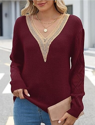  Damen Pullover Elegant Feste Farbe Gerippt V Ausschnitt Spitze Langarm Normale Oberteile Stricken Täglich Schwarz Weiß Frühling Herbst