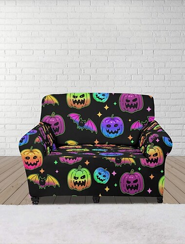  farbenfroher Sofabezug mit Kürbis-Print, lebendige Halloween-Wohndekoration