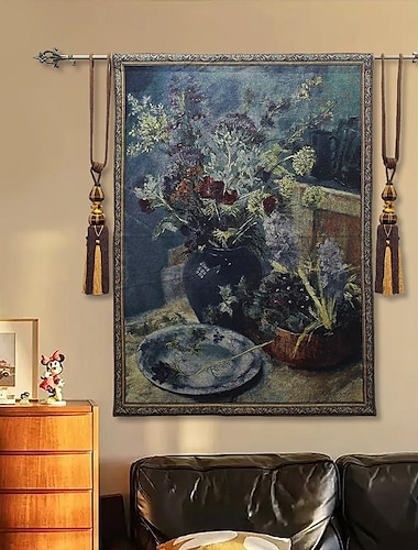  жаккардовый гобелен, гобелен Обюссон, настенное искусство, подвесной ткацкий станок, хлопковое переплетение, большая репродукция гобелена, весенний букет, натюрморт (без кисточек и стержня)