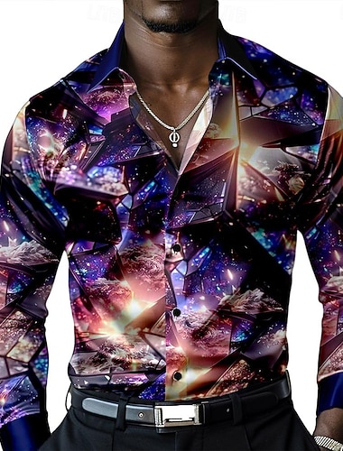  Herren Hemd Oberhemd Knopfhemd Langarm Modisch lässig Party-Abendgarderobe Normal Casual Sommer Frühling Herbst Umlegekragen Knopf hoch 3D-Druck Purpur