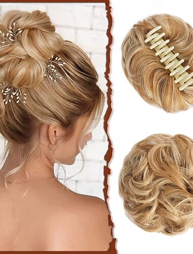  Clip de garra, postizos de moño desordenados, pelo rizado ondulado, clip en moño de garra, cola de caballo, extensiones de cabello despeinadas, scrunchie sintético, pieza de cabello para mujeres,
