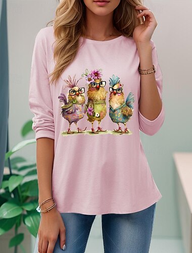 Damen T Shirt Hühnchen Stilvoll Brautkleider schlicht Langarm Rundhalsausschnitt Normale Oberteile Täglich Bedruckt Schwarz Weiß Rosa Frühling & Herbst