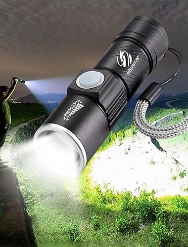  مصباح يدوي LED فائق السطوع قابل لإعادة الشحن مع رأس شحن USB ذيل مصباح محمول زوومابلي مقاوم للماء 3 أوضاع إضاءة بطارية مدمجة