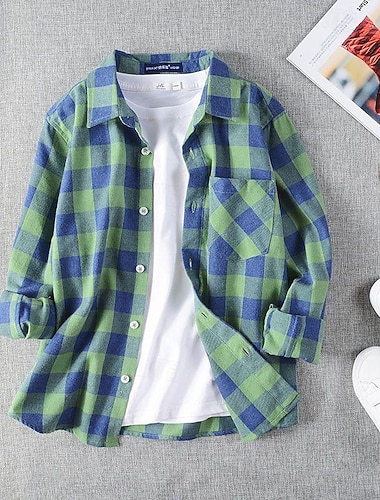  Gutt 3D Ruter Skjorter Langermet Sommer Vår Mote Grunnleggende Barn 4-12 år Skjortekrage utendørs Avslappet Daglig Normal