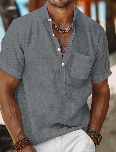  Hombre Camisa camisa de lino Camisa de verano Camisa de playa Color sólido Vacaciones Maldición Negro Blanco Gris Azul claro Manga Corta Cuello doblado Primavera verano Ropa Bolsillo