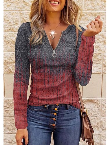  Damen T Shirt Spitzenreiter ausgehen Graphic Täglich Basic Langarm V Ausschnitt Troyer Halber Reißverschluss Normale Oberteile Täglich Wochenende Bedruckt Viertel Postleitzahl Rote Blau Purpur Orange