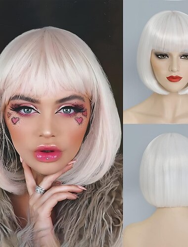  Bob Perücke mit Pony kurze weiße Bob-Perücken für Frauen gerade Bob mit Pony 10 Zoll hitzebeständige synthetische Haare natürlich aussehend für tägliche Partynutzung Halloween-Perücken