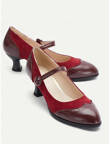 Tacones merceditas de cuero color burdeos y marrón de inspiración vintage para mujer, perfectos para el trabajo y ocasiones especiales