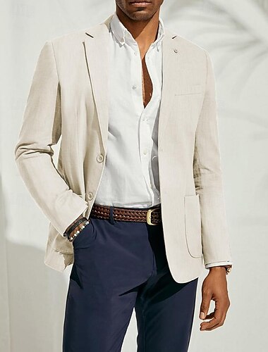  Blazer de lino para hombres chaqueta de deporte moda casual de verano color sólido azul oscuro beige azul claro corte entallado de un solo botón con dos botones