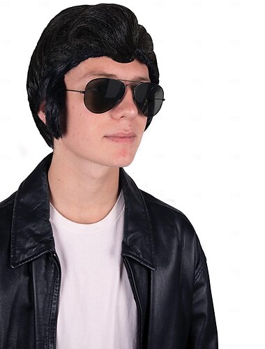  50er Jahre Greaser-Perücke für Männer schwarze Perücke Karneval Kostümzubehör für Männer Kostümparty Cosplay Rollenspiel-Perücke für Erwachsene Kostümzubehör für den 50er Jahre Rock-Legende