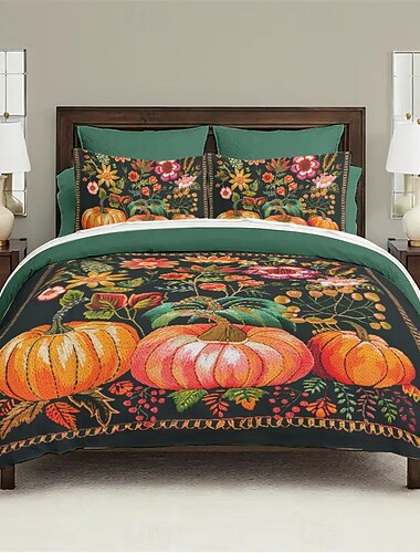  Bettbezug-Set mit Herbstmotiv und Kürbismotiv – inklusive Bettbezug und Kissenbezügen – festliches und gemütliches Design – weicher und bequemer Stoff – perfekt für die Herbst- und Halloween-Dekoration