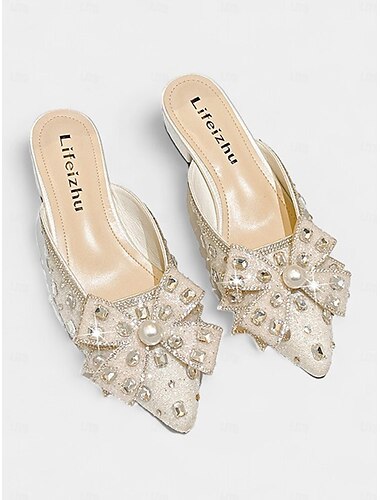  Damen Mules Bling-Bling-Schuhe Glitzer Kristall Pailletten Juwelen Party Kristall Flacher Absatz Spitze Zehe Elegant Modisch Mikrobielles Leder Halbschuhe Mandelfarben Schwarz