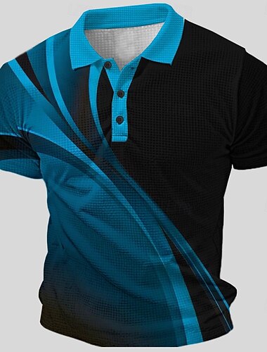  Herren Geometrisch Waffel-Poloshirts Golfshirt Kurzarm Polo-Shirts Hemden mit Kragen Urlaubskleidung Formelle Kleidung Festivalkleidung 3D-Druck Knöpfe Sommer Frühling Blau