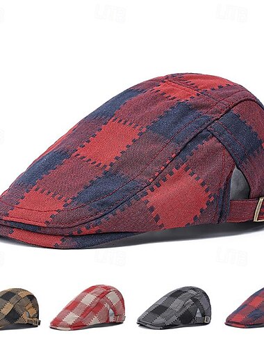  Herre Flat lue Ascot Hat Newsboy Hat Vin Rød polyester Mote Fritid Gate Daglig Ruter Justerbare Solkrem Pustende
