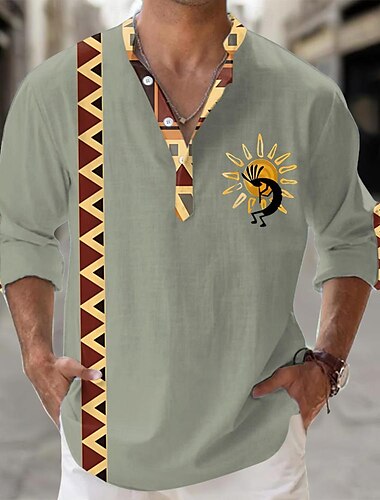  Herren Hemd Knopfhemd Langarm Stamm Modisch lässig Urlaub Normal Casual Sommer Frühling & Herbst Ständer Knopf Bedruckt Gelb Grün Khaki Beige