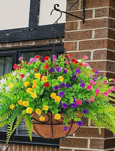  Maceta colgante para exteriores con flores artificiales: rosa resistente a los rayos UV, plantas de eucalipto, vegetación de plástico sintético, gypsophila para jardín interior, porche, jardinera,