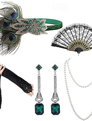  Vintage 1920-luku Suuri Gatsby Flapper-panta Tarvikesarja Kaulakoru Korvakorut charleston Häävieras Feather Muoti Naisten Naamiaiset Häävastaanotto Tyttöjen polttarit Festivaali Aikuisten 1 Viuhka