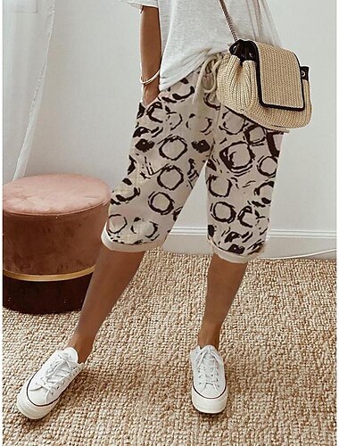  Damen Shorts Kurze Hosen Modisch Knielänge Blumen Gestreift Kordelzug Seitentaschen Bedruckt Atmungsaktivität Komfortabel Mikro-elastisch Casual Weiß Marineblau Khaki Sommer Regular Fit