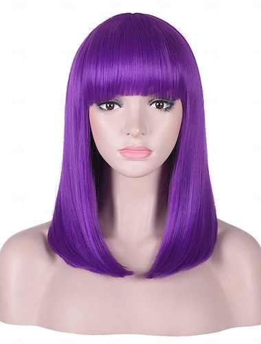  perruque courte droite violette avec frange, cheveux synthétiques naturels résistants à la chaleur pour femmes, perruques de costume ennui, perruques de carnaval de 15 pouces