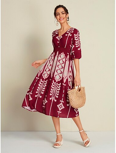  女性用 ルーズドレス リゾートウェア ミディドレス 赤レンガ色 ハーフスリーブ Folk プリント 春夏 Ｖネック 旅行度假风 カジュアル 普段着 S M L