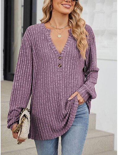  Damen Pullover Stilvoll Brautkleider schlicht Feste Farbe Gerippt V Ausschnitt Knopf Langarm Normale Oberteile Stricken Täglich Rosa Blau Frühling Herbst