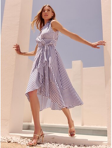  Dames Resortkleding Elegante jurk Maxi-jurk blauw Korte mouw Streep strik voorkant Streep Opdrukken Lente zomer Cross-Front Elegant Vakantie vakantie jurk S M L