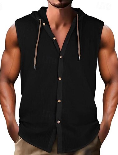  Voor heren Singlet Vest Top Onderhemd Mouwloos shirt Mouwloos V-hals Capuchon Lente zomer Effen Modieus Ontwerper Basic Vakantie Straat Uitgaan Zwart Wit Khaki Top T-shirt voor mannen