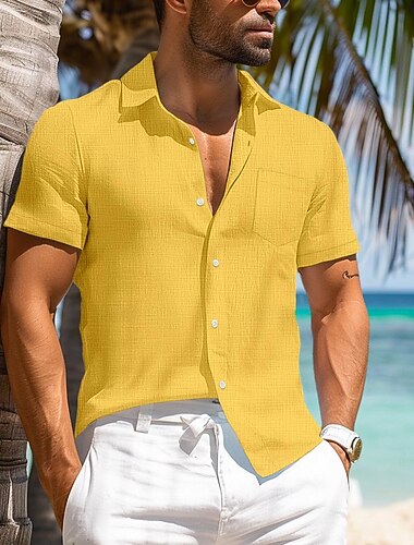  Męskie Koszula z lnu bawełnianego Biała bawełniana koszula Letnia koszula Codzienna koszula Koszula kubańska Równina Urlop Przeklęty Czarny Biały Granatowy Khaki Krótki rękaw Klapa Wiosna i lato