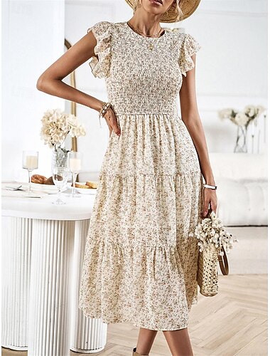  Damen Midikleid Chiffon-Kleid Formelle Kleidung A Linie Kleid Sommerkleid Elegant Ausgefallene Urlaub Party kleid hochzeitsgast Regular Fit Blumen Kurzarm Rundhalsausschnitt Schwarz Gelb Aprikose