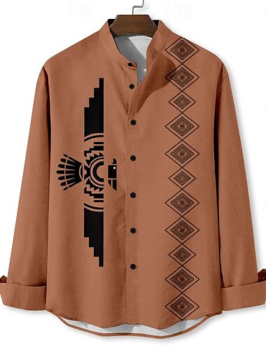  Herren Ethnisch Hemd Knopfhemd Langarm Vintage Brautkleider schlicht Stamm Urlaub Täglich Sommer Frühling & Herbst Stehkragen Knopf hoch 3D-Druck Blau Orange Khaki Grau