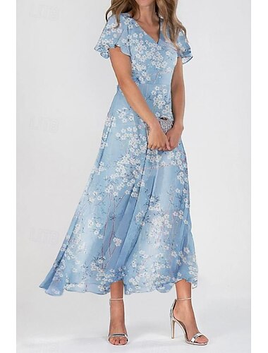  Dames Maxi-jurk A lijn jurk Elegant Dagelijks Afspraakje Normale pasvorm Bloemig V-hals blauw Zomer